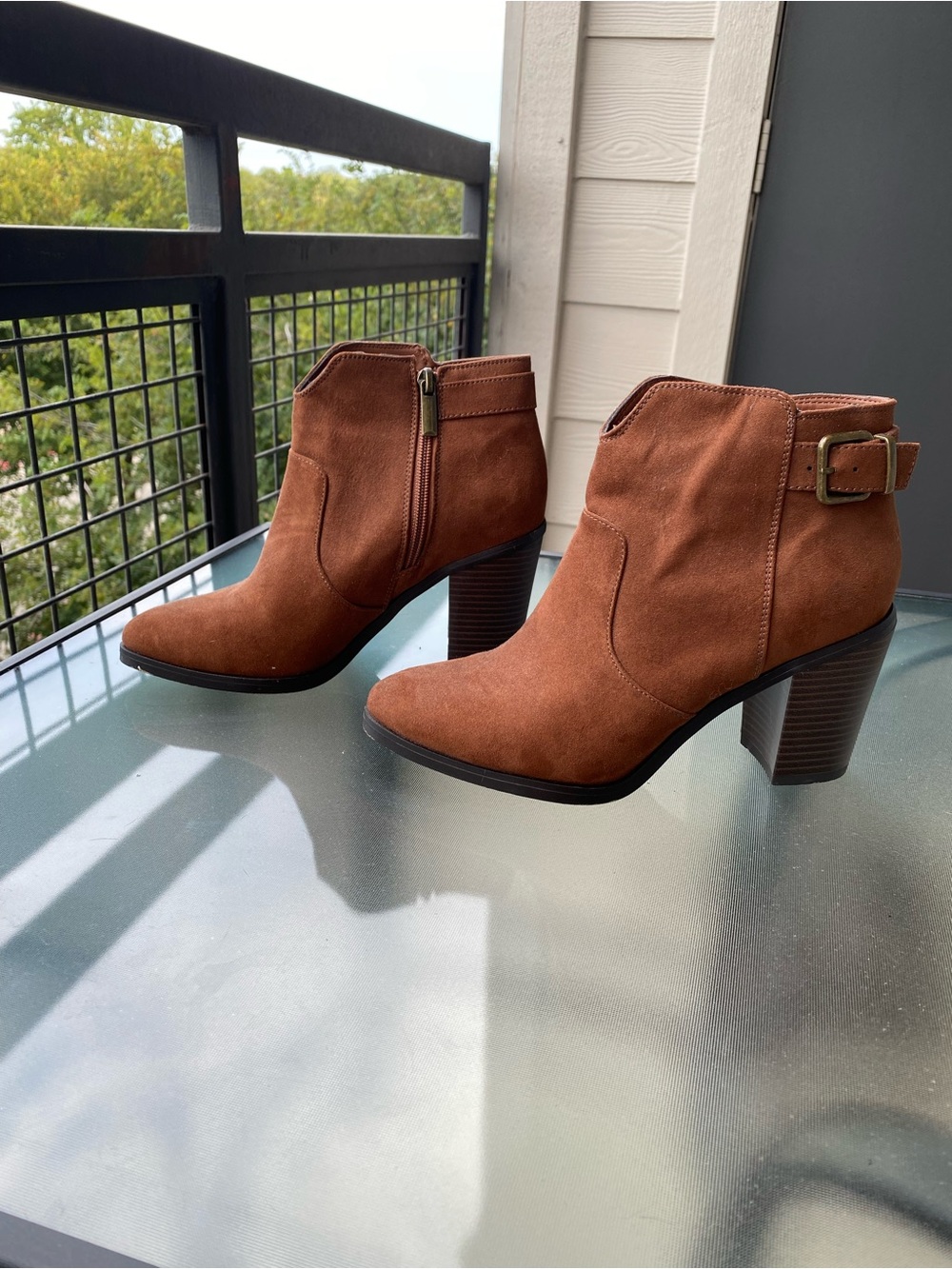JustFab Cognac Suede Ankle Booties with Stacked Heel
